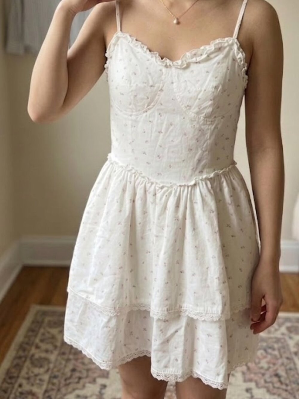 cottagecore white pink floral layered lace trim mini dress | fits like XS